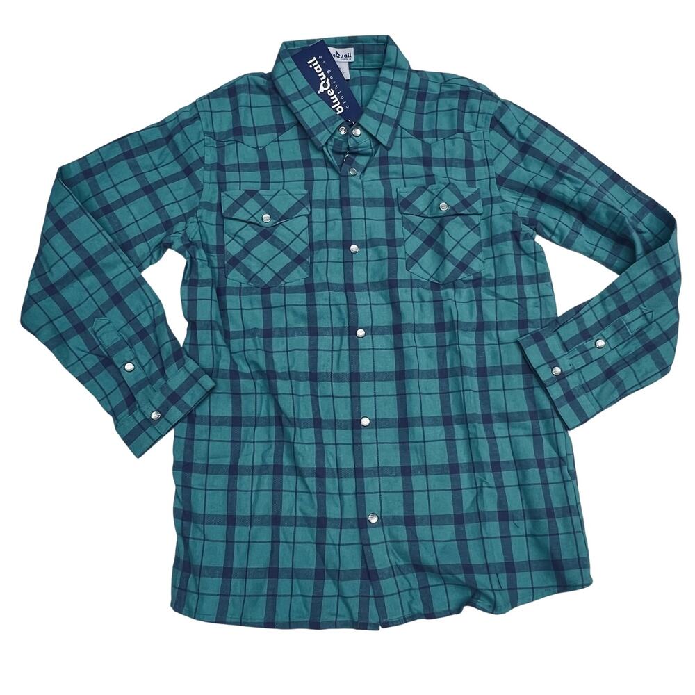NWT Blue Quail Size 12 Flannel Pearl Snap in Blue & Green